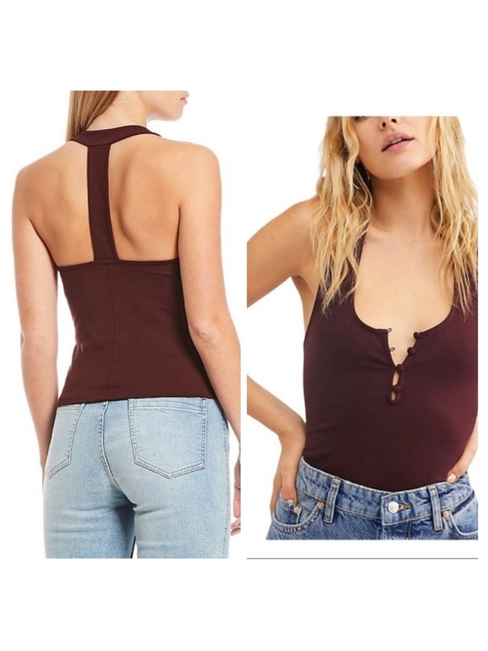 Intimately Free People Hang Out Cami Burgundy halter Tank NWT Garnett M buttons - Picture 9 of 9